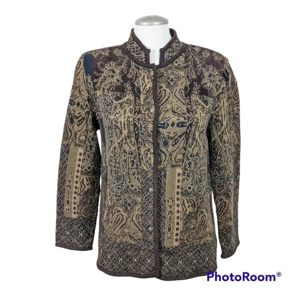 Chicos Design Womens S Wool Blend Cardigan Sweater Jacket Brown Paisley Button - Picture 1 of 3